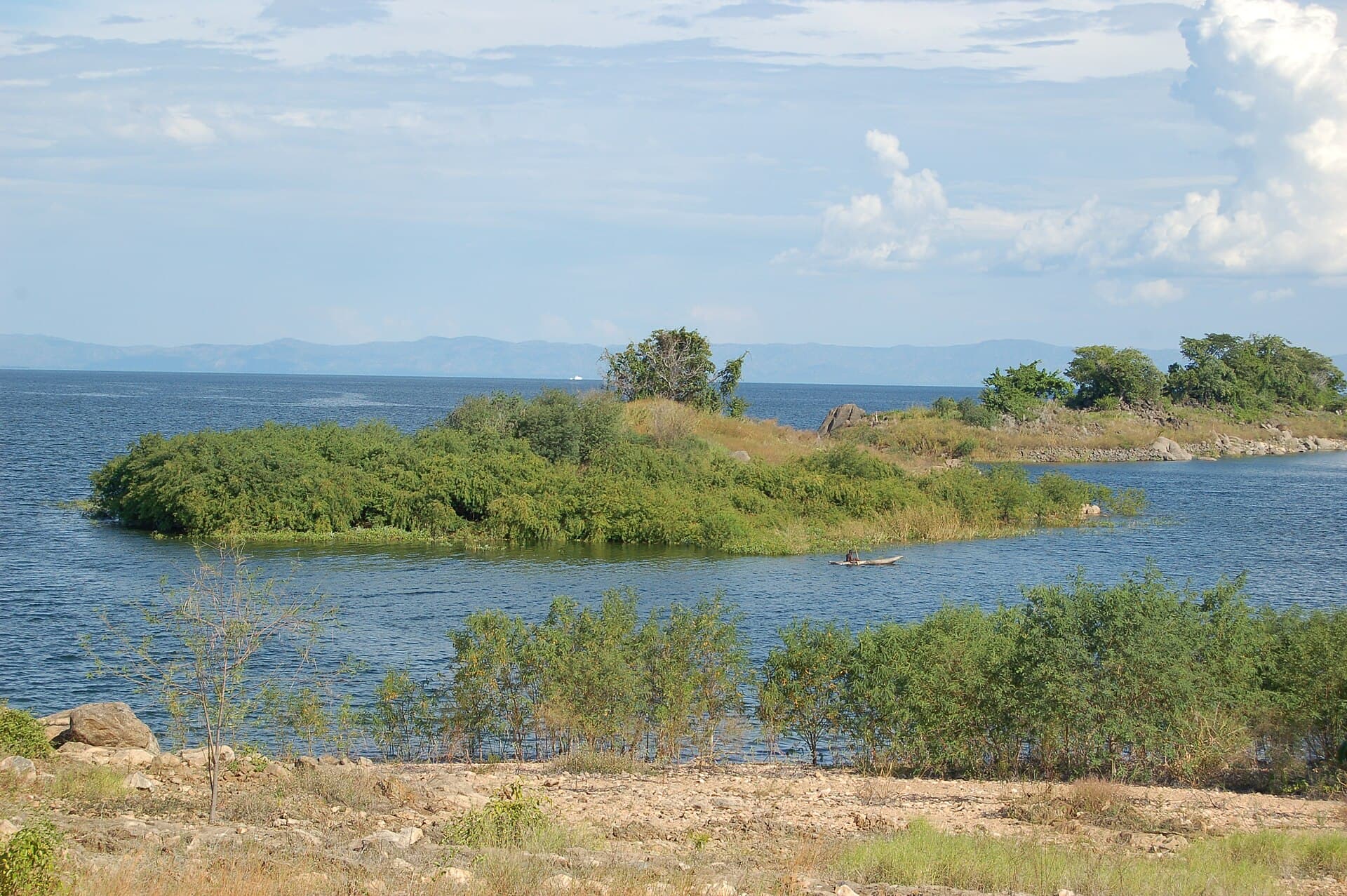 Lake Kariba's broad waters, wooded islands and distant shoreline
